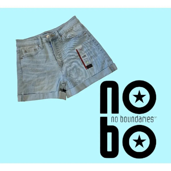 No Boundaries Juniors blue light wash super rise rolled Cuffs denim shorts sz 7 - Picture 6 of 6